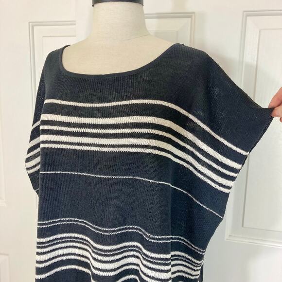 Eileen Fisher striped linen poncho sweater, womens large gray ivory organic knit - Picture 5 of 10